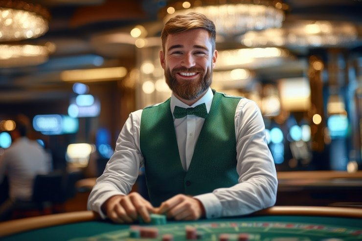 Live poker dealer at qqdewa login studio with multiple camera angles